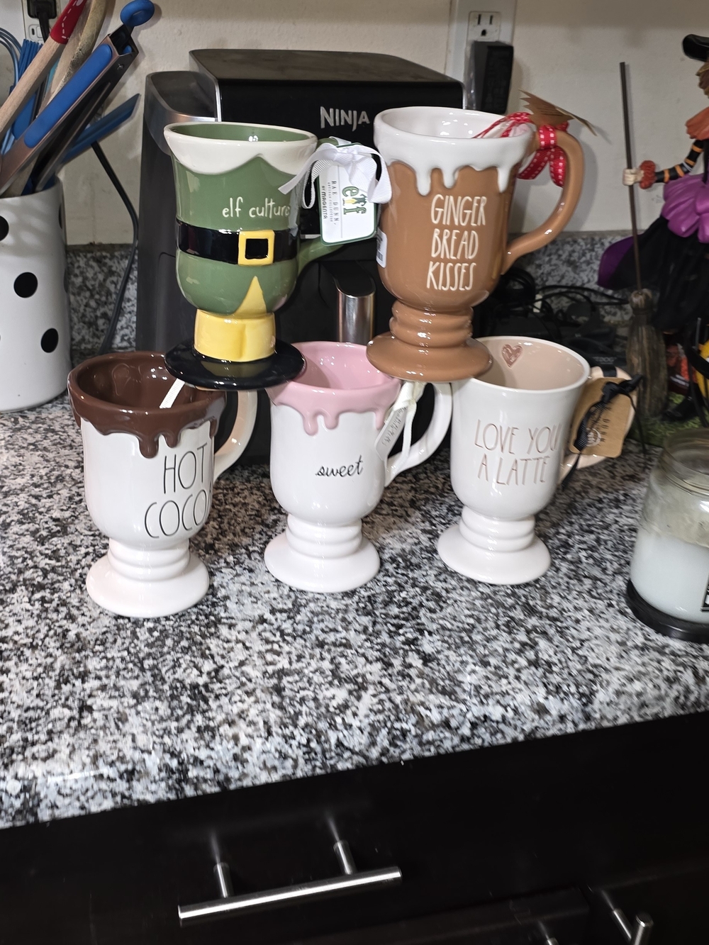 Rae Dunn Ceramic Holiday Mugs - Green, Brown, Pink, White